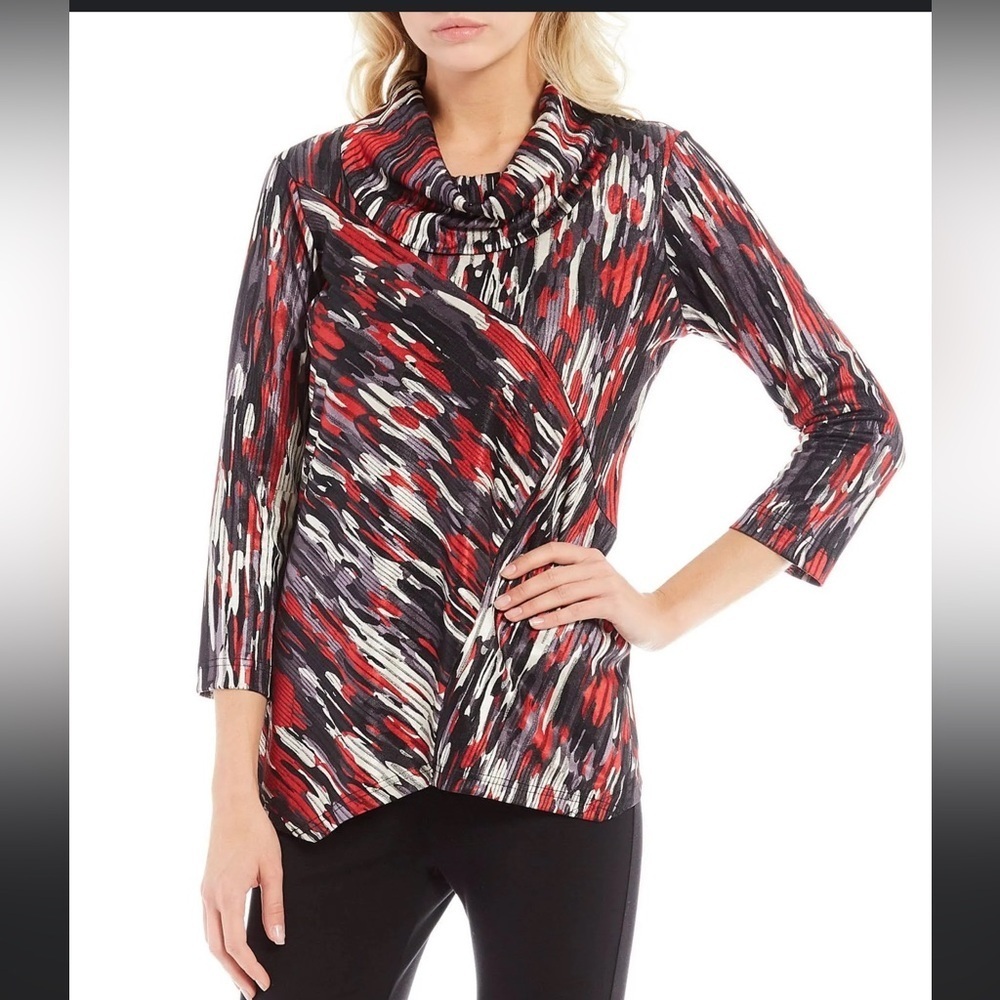 Ali Miles Stretchy Textured Draped Cowl Neck Top Black Red Artsy 1X